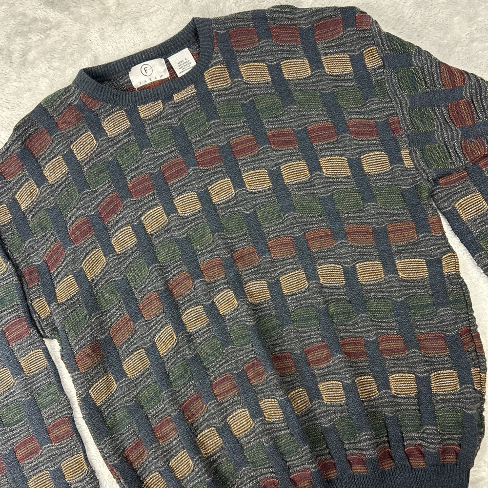 VTG Farah Mens Large Knit Sweater 90s Textured Multicolored Pullover Crew Neck‎